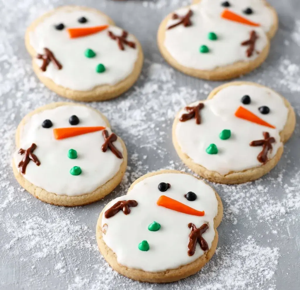 Adorable melting snowman cookies decorated with icing and candy