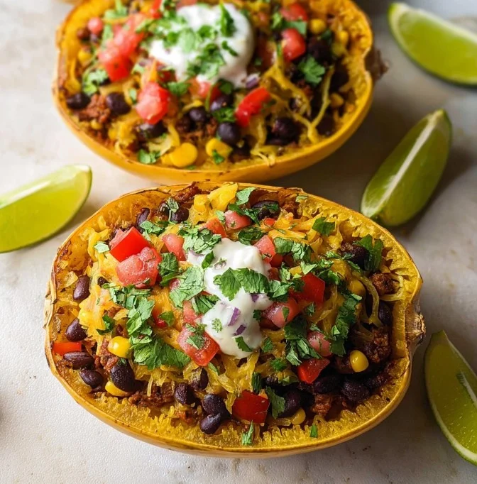 Mexican black bean and corn stuffed spaghetti squash dish on a plate