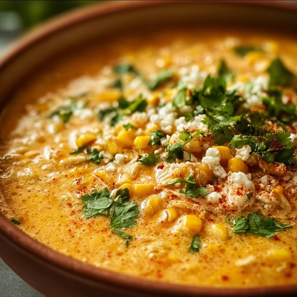 Bowl of vibrant Mexican street corn soup topped with cheese and cilantro