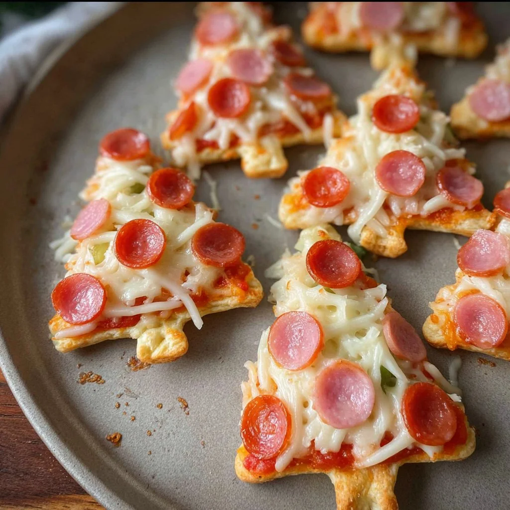 Mini Christmas Tree Pizza decorated with toppings shaped like ornaments