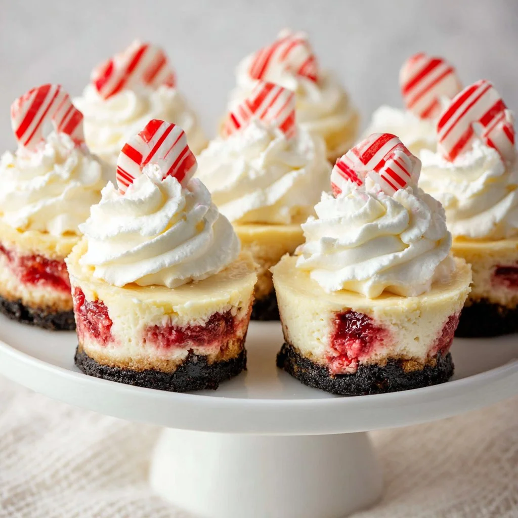 Delicious mini peppermint cheesecakes with a creamy topping and crushed candy cane garnish