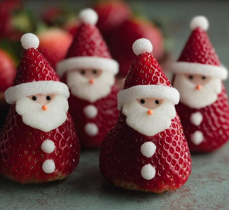 Mini strawberry santas decorated for Christmas dessert