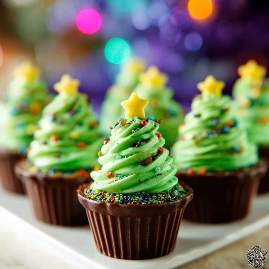 No Bake Christmas Tree Cheesecake Mousse Cups decorated for the holiday season