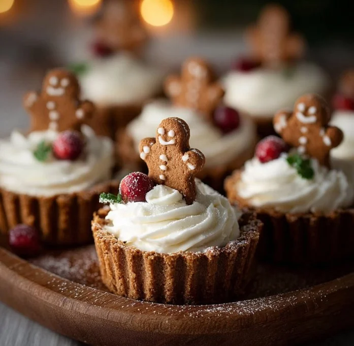 No-Bake Gingerbread Cheesecake Cups topped with whipped cream and gingerbread crumbs