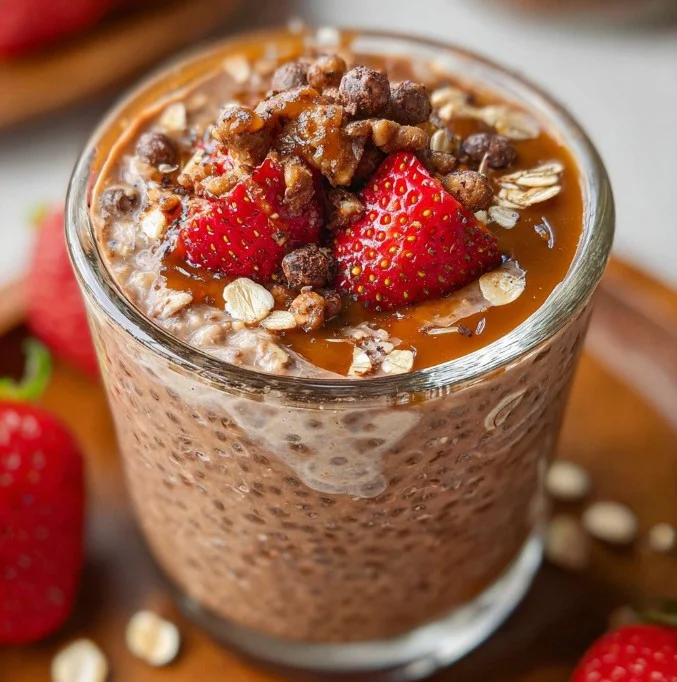 Bowl of Nutella Overnight Oats topped with chocolate and hazelnuts