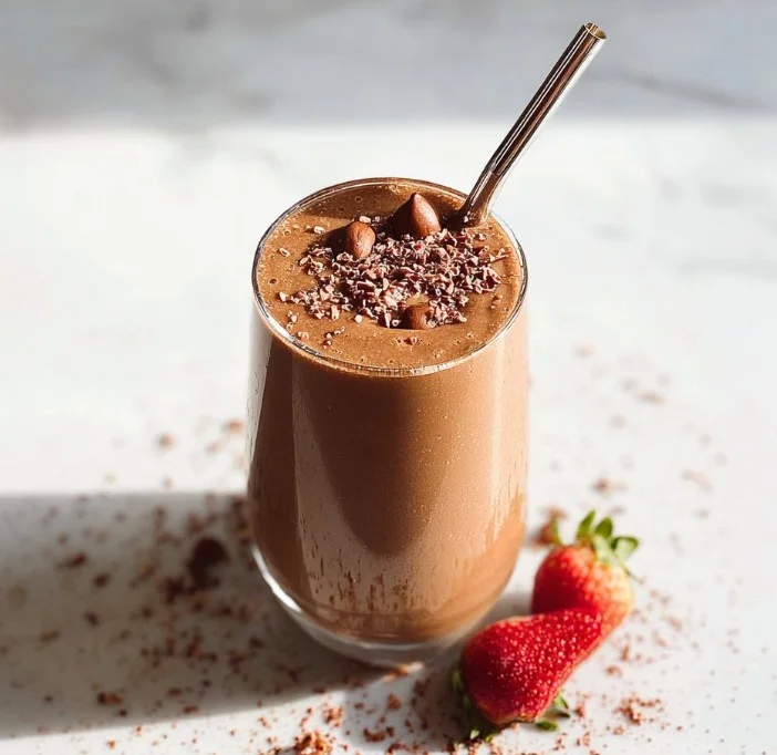 Delicious Nutella smoothie in a glass with toppings
