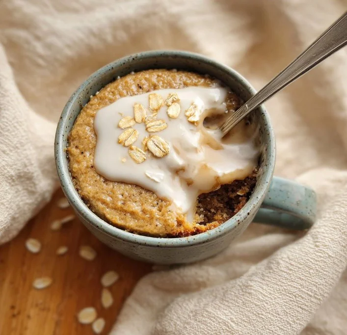 Delicious oatmeal mug cake in a ceramic cup topped with berries