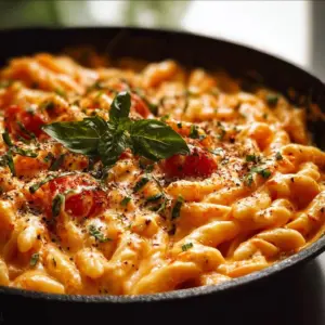One Pan Creamy Tomato Pasta topped with fresh basil and parmesan cheese.