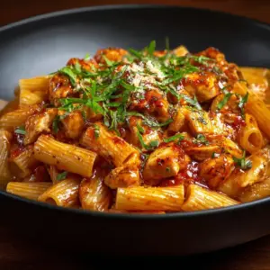 One-Pan Tangy Honey BBQ Chicken Penne served in a bowl, garnished with herbs.