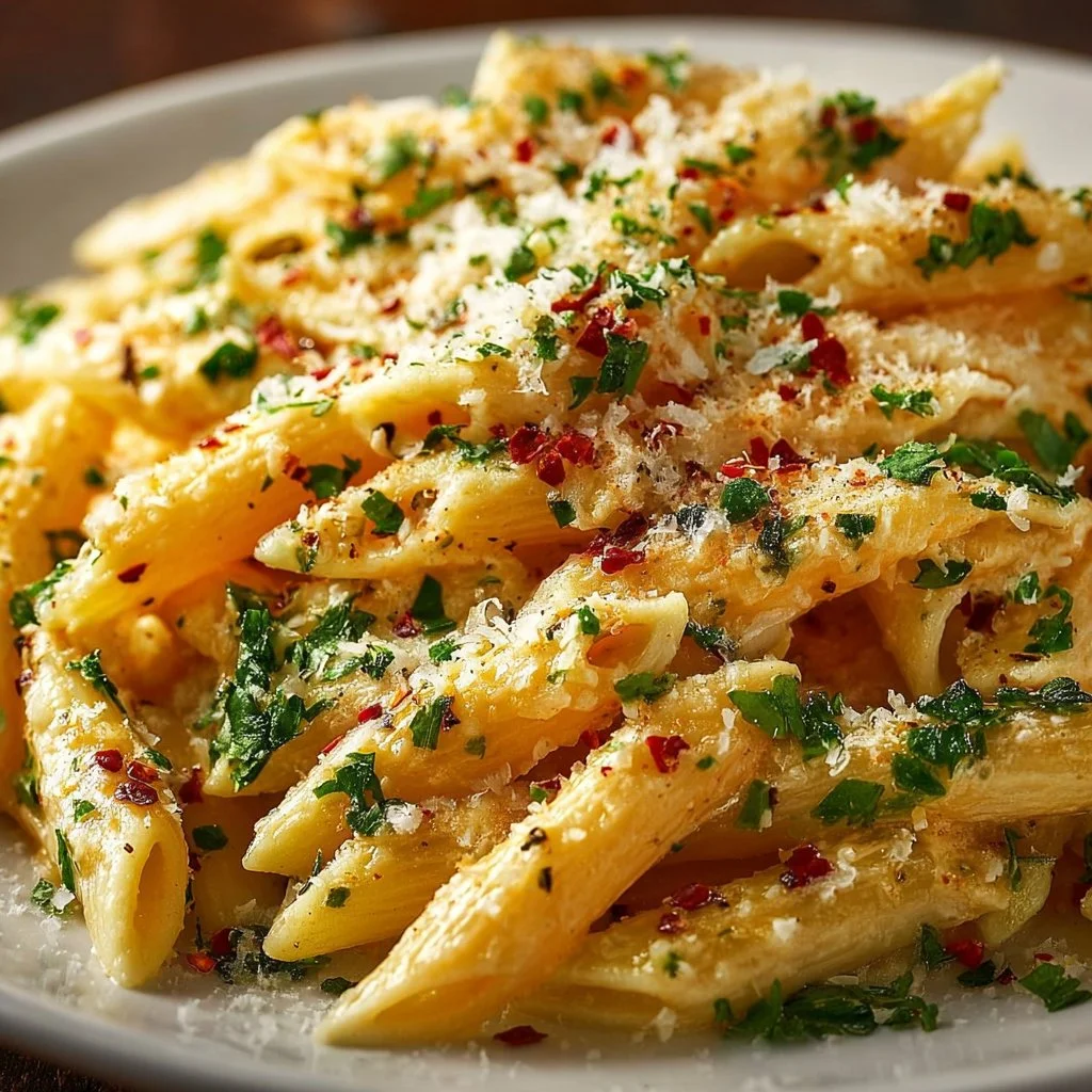 One Pot Creamy Garlic Pasta with fresh herbs and garlic cloves