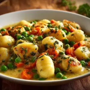 Delicious one pot gnocchi chicken pot pie served in a rustic bowl