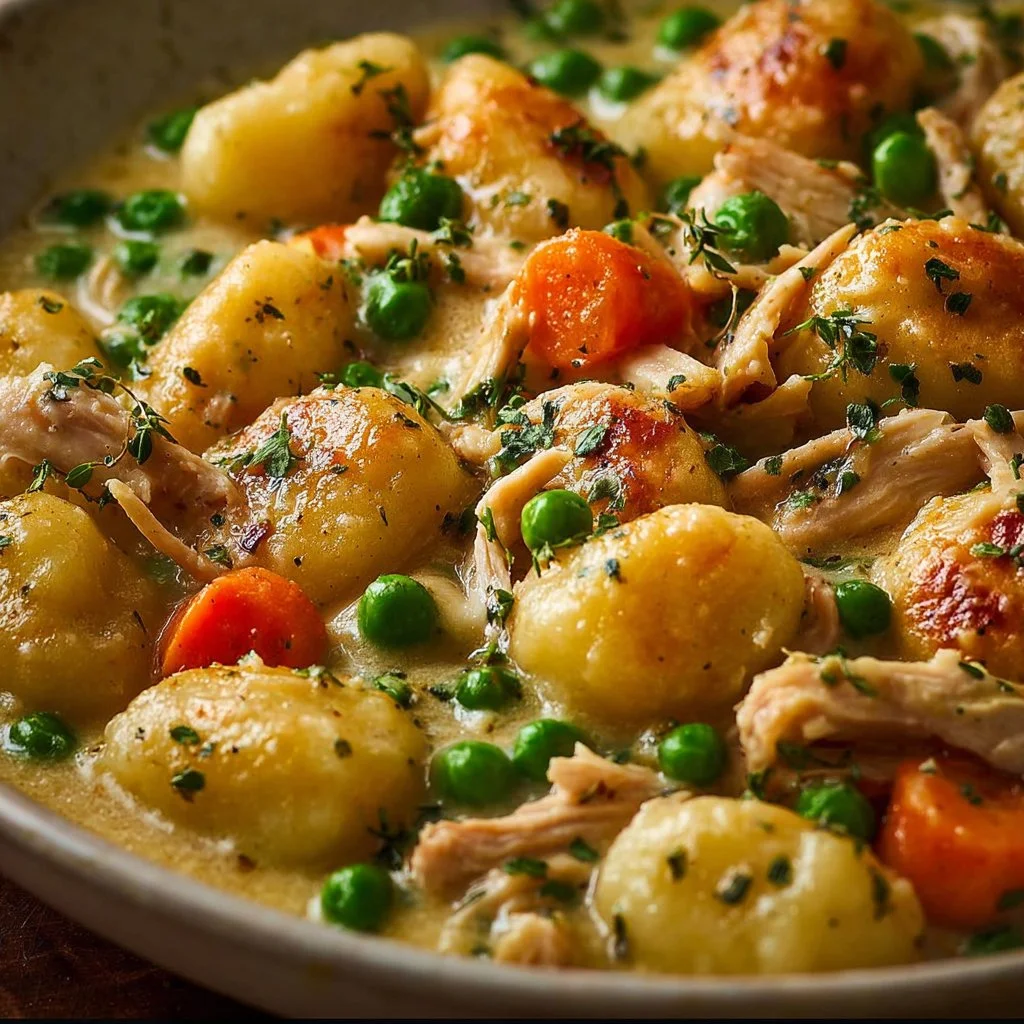 Delicious one-pot gnocchi chicken pot pie served in a rustic dish.