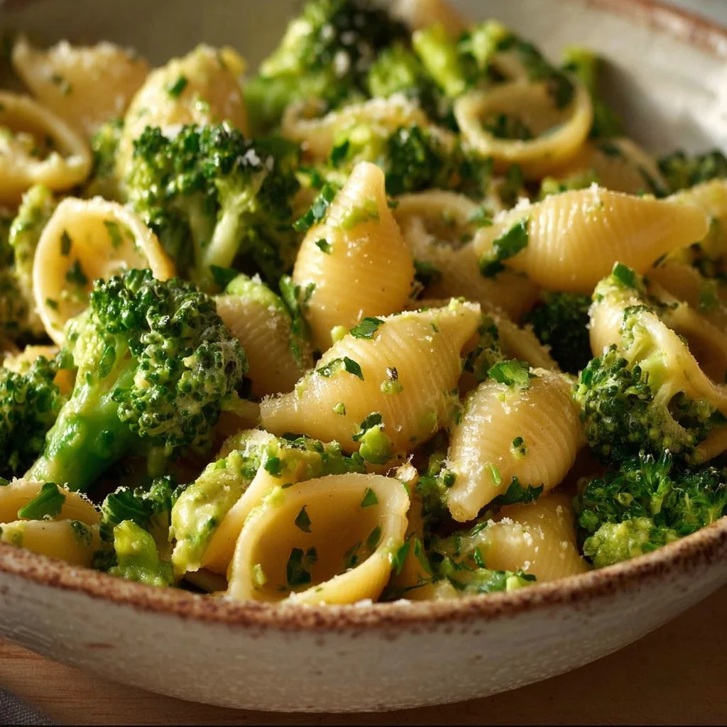 Healthy one pot broccoli mac and cheese dish with green broccoli florets