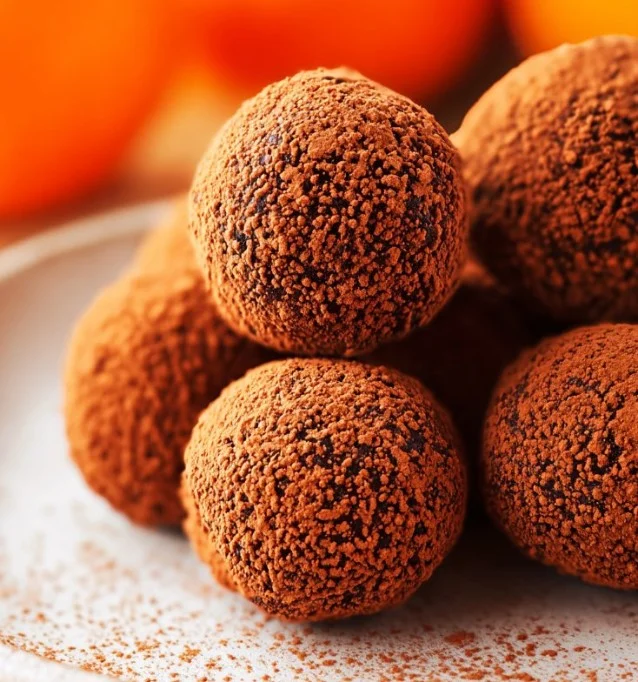 Delicious Orange Chocolate Christmas Truffles arranged on a festive platter.