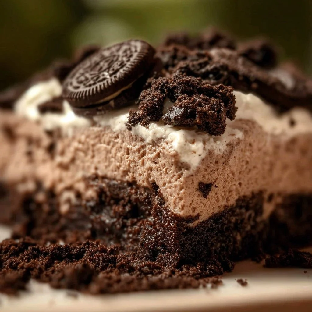 Delicious Oreo Dirt Cake topped with crushed Oreos and chocolate.