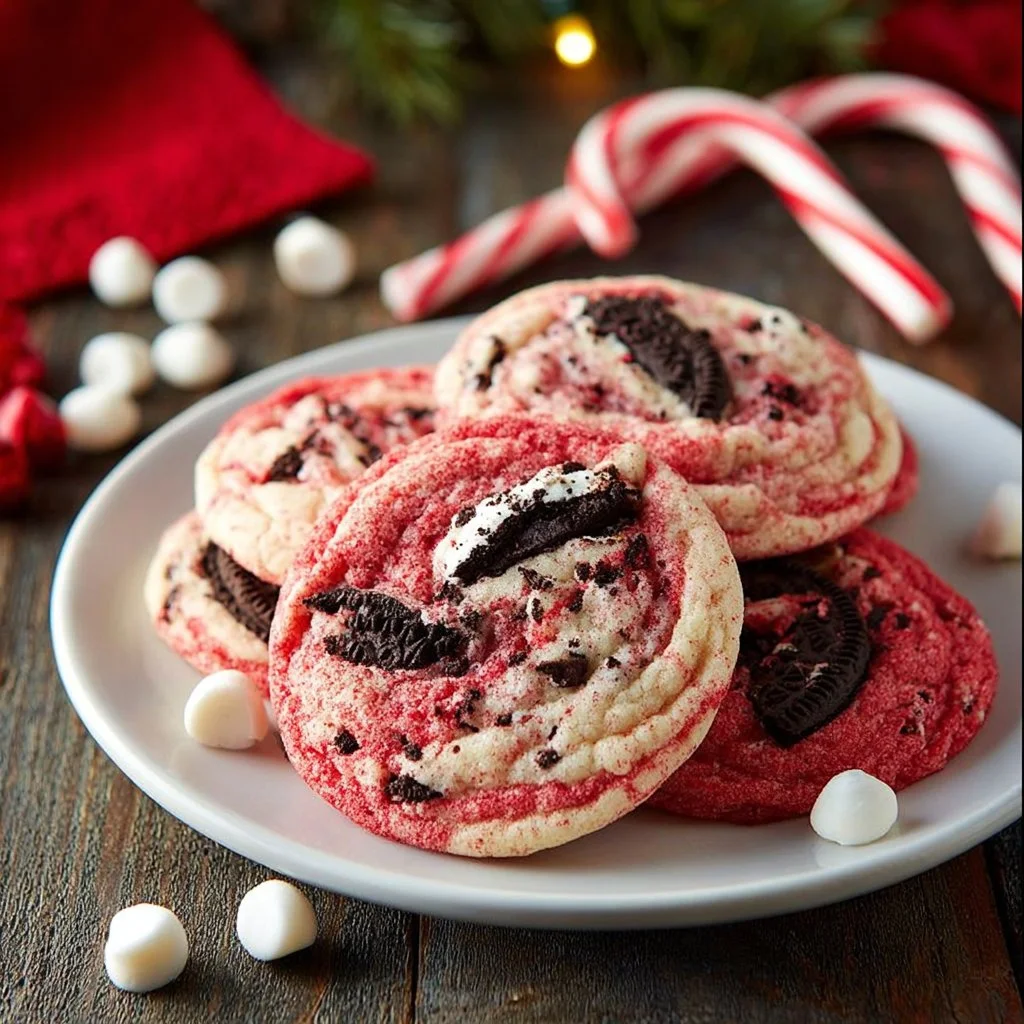 Oreo White Chocolate Pudding Peppermint Cookies on a festive plate