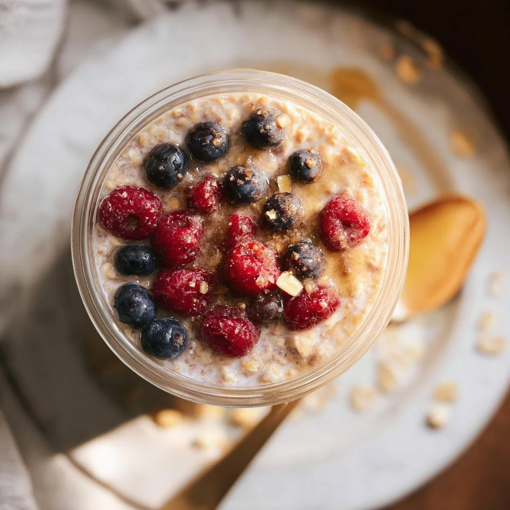 Bowl of Paleo Overnight Oats topped with fruits and nuts.