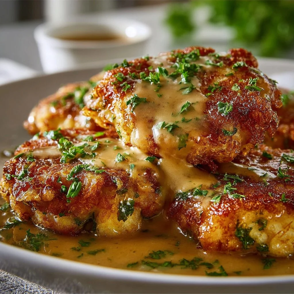 Parmesan Crusted Chicken topped with creamy garlic sauce on a plate