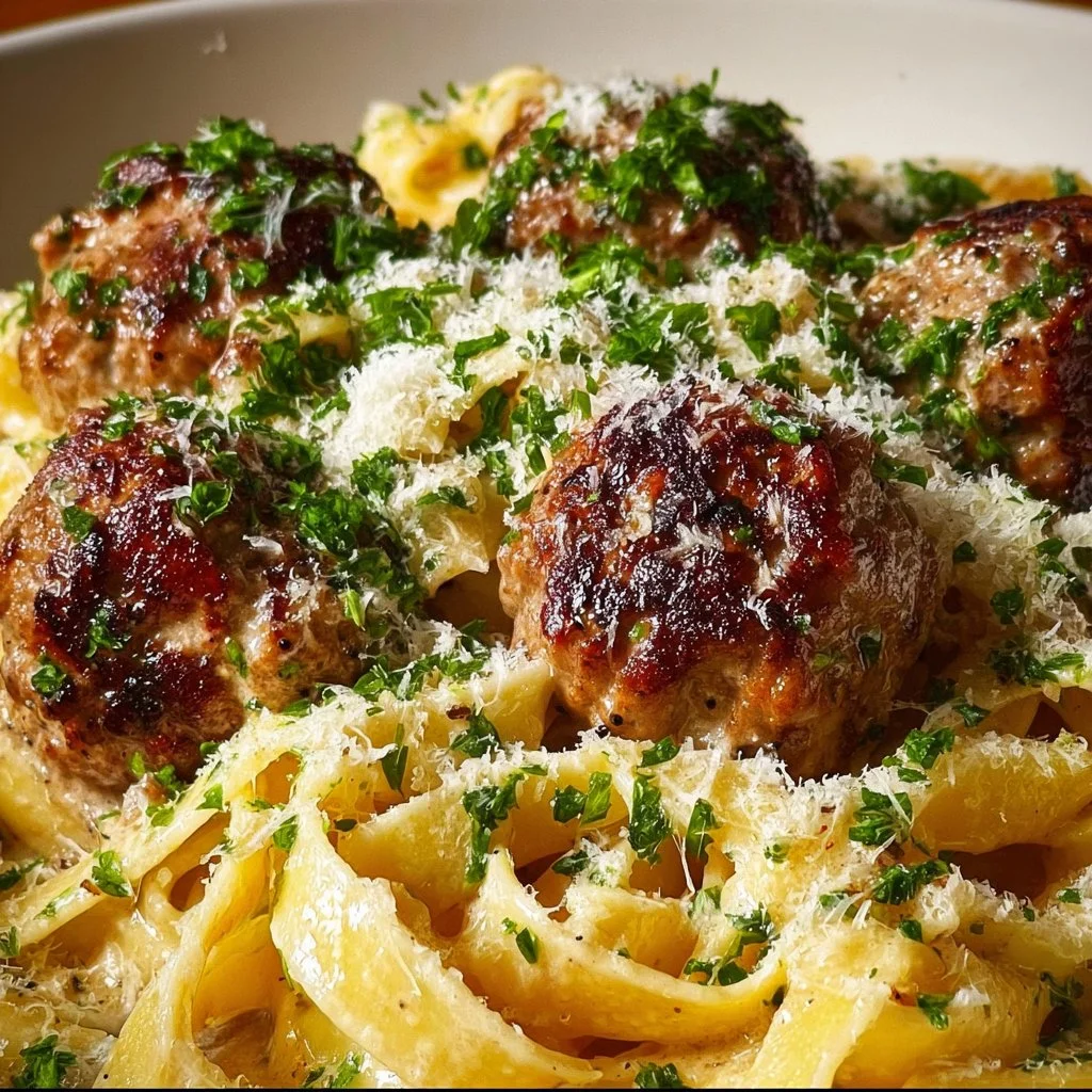 Delicious Parmesan Linguine served with garlic butter meatballs.