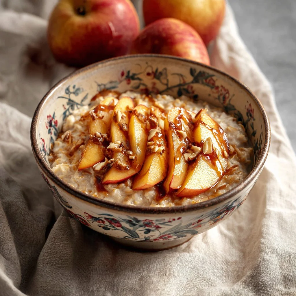 Bowl of peach oatmeal topped with fresh peaches and almonds
