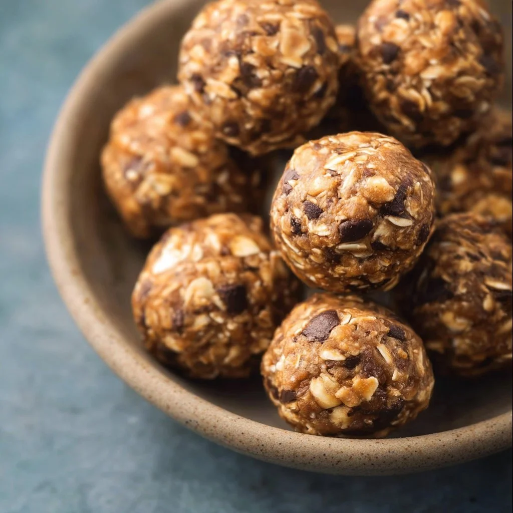 Nutritious peanut butter oatmeal balls served in a bowl for a healthy snack.