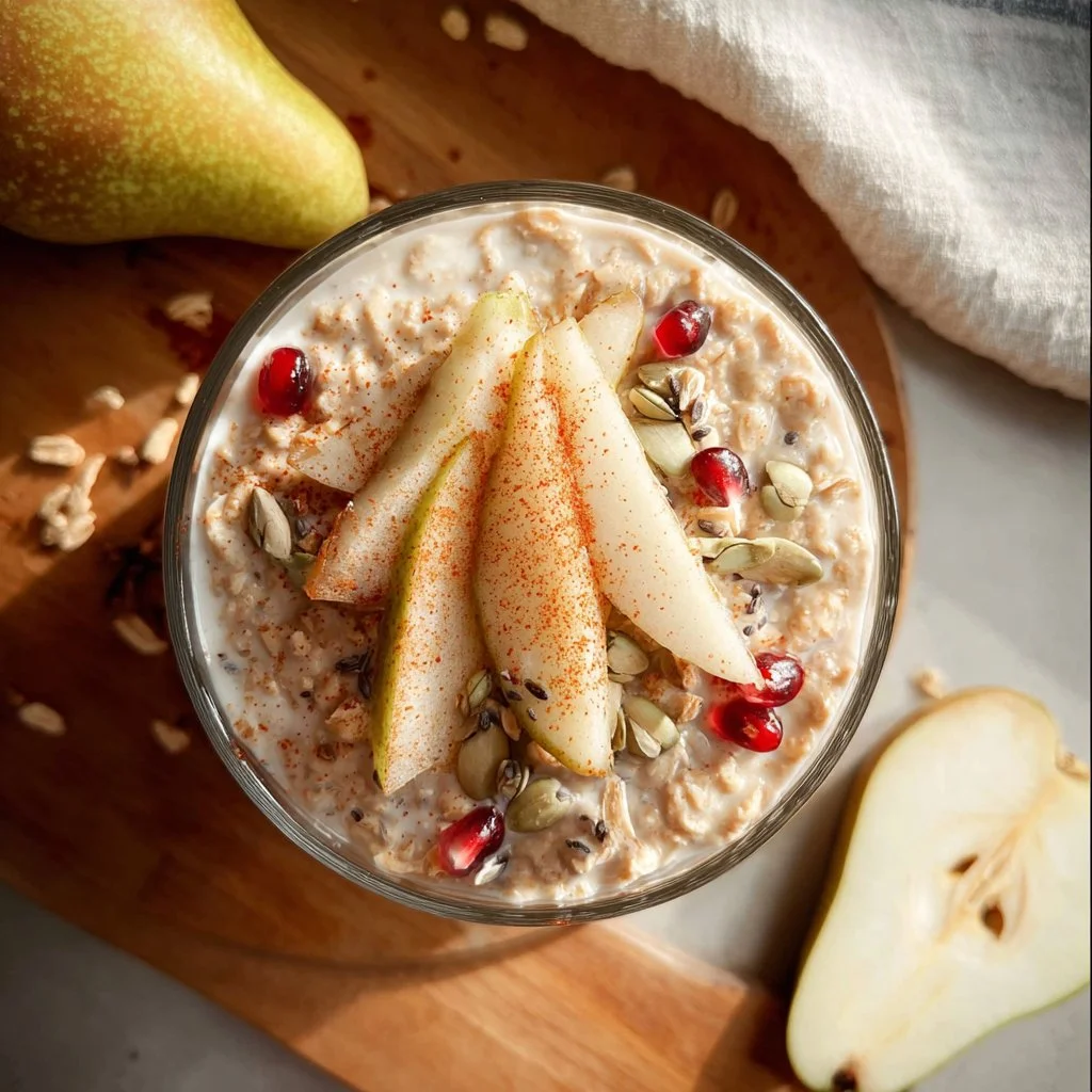 Bowl of Pear Overnight Oats topped with slices of pear and nuts