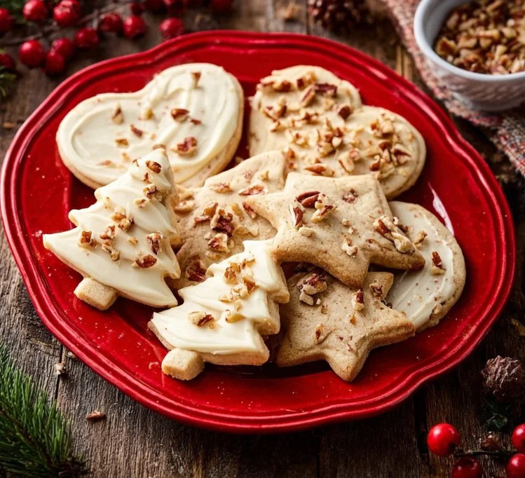 Pecan sugar cookies topped with brown butter icing on a plate