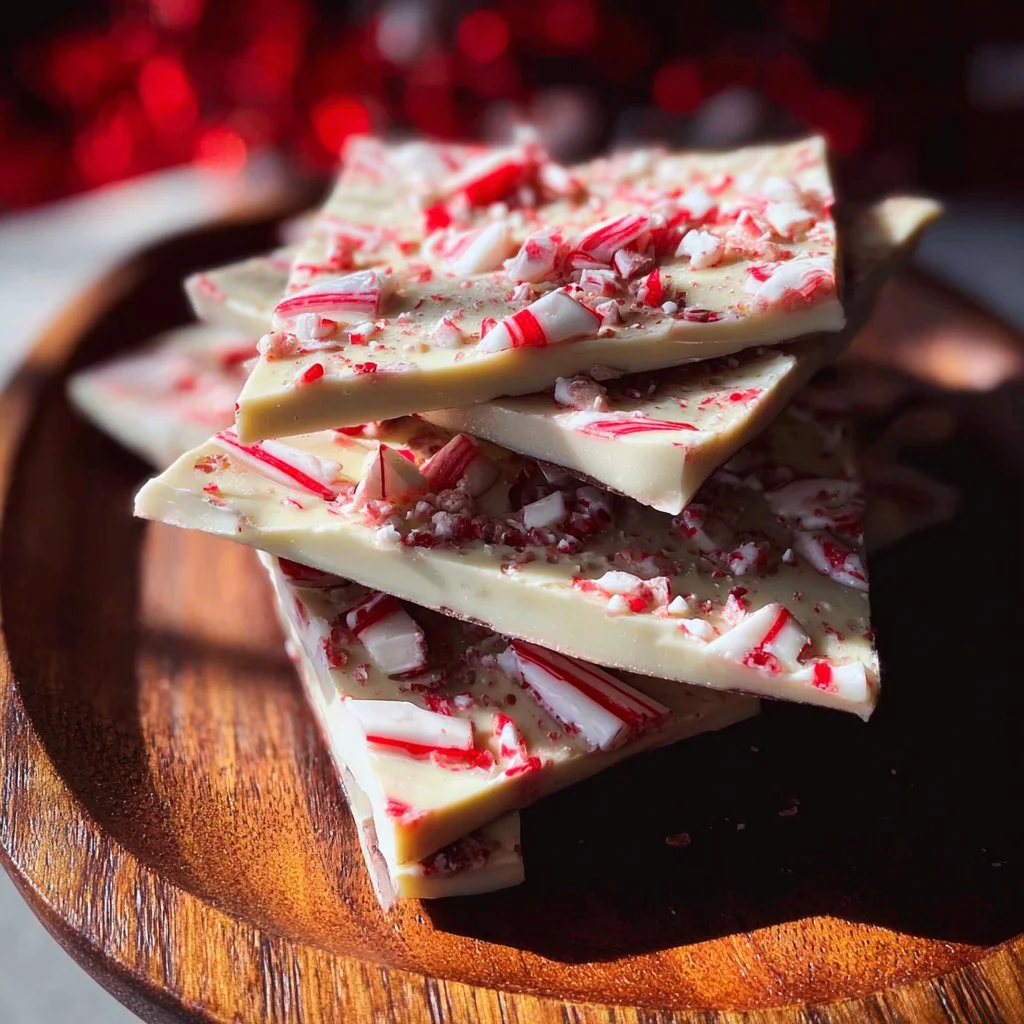 Delicious homemade peppermint bark candy with white and dark chocolate