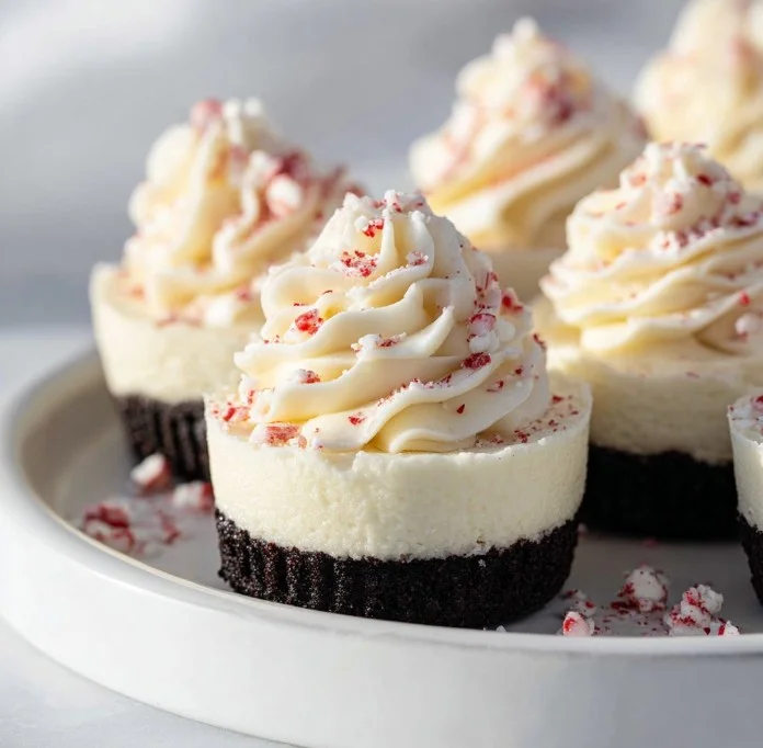 Slice of peppermint cheesecake topped with whipped cream and crushed peppermint candies.