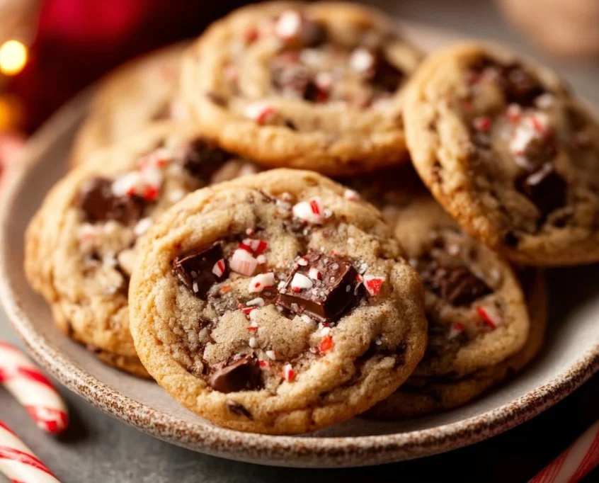 Freshly baked peppermint chocolate chip cookies on a cooling rack