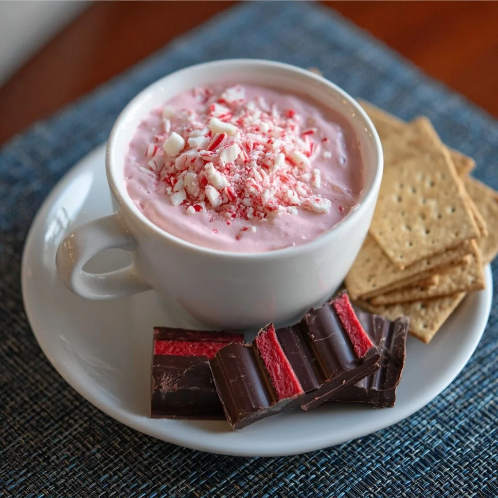 Creamy peppermint dip served in a bowl with festive decorations