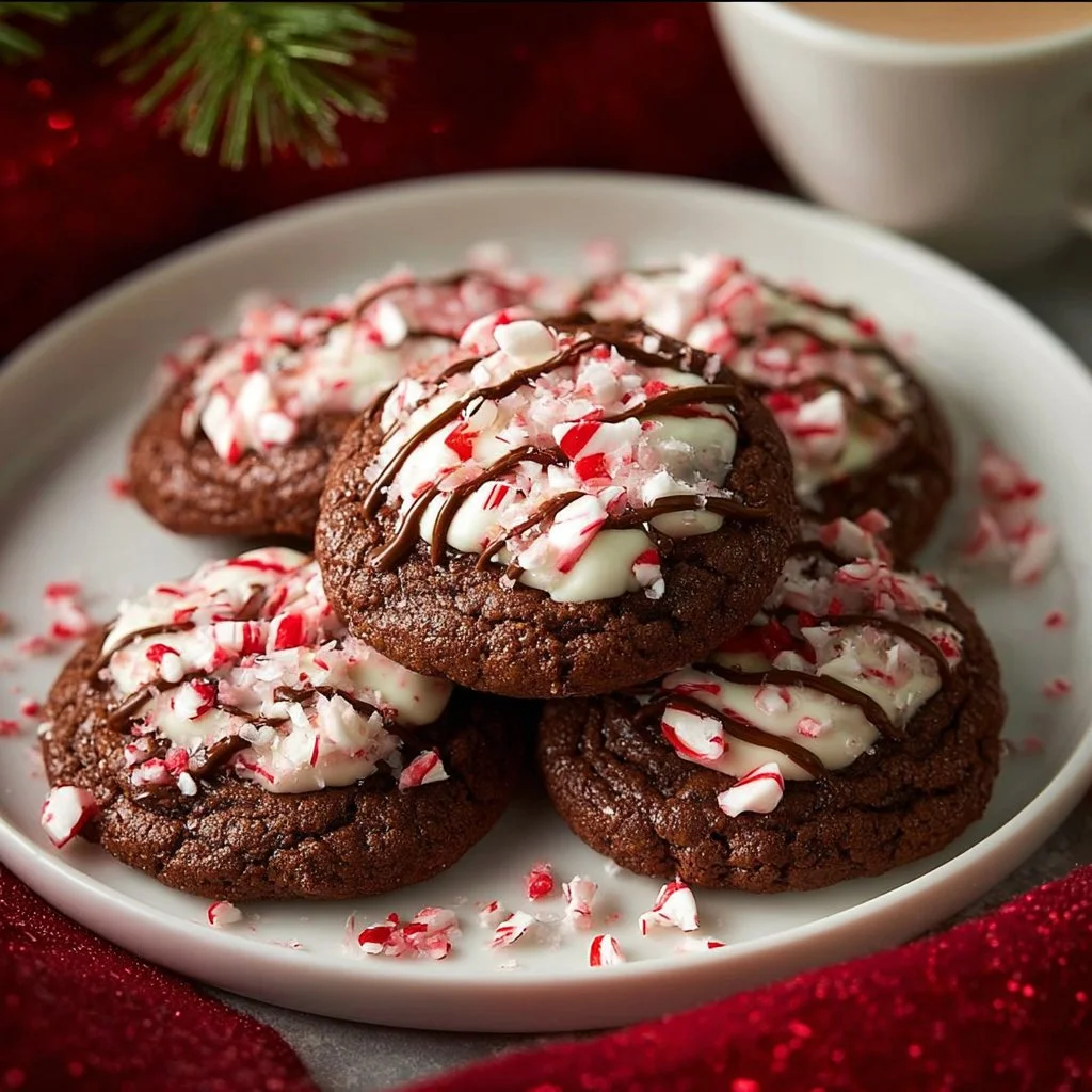 Peppermint hot chocolate cookies decorated with candy cane pieces.