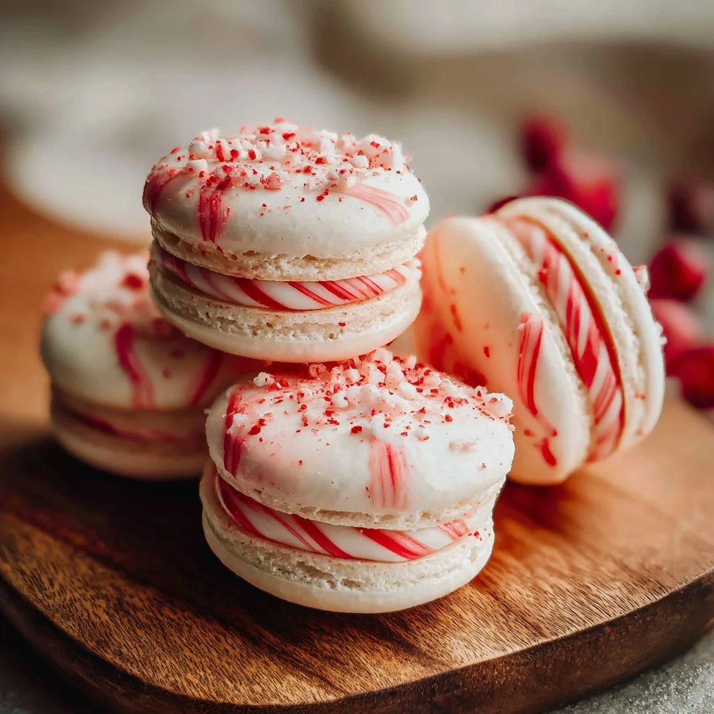 Delicious peppermint macarons with mint filling displayed on a festive plate.