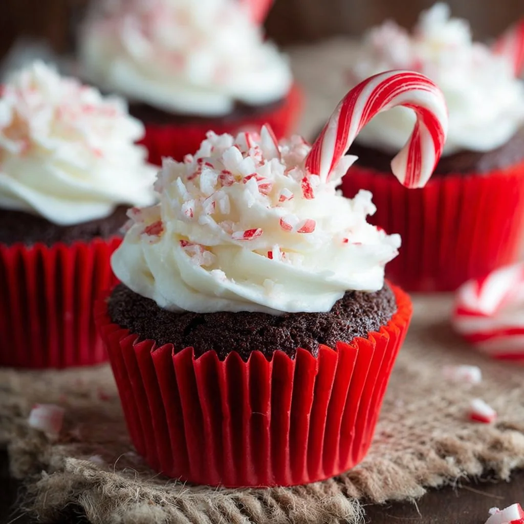 Delicious peppermint mocha cupcakes topped with creamy frosting and festive decorations.