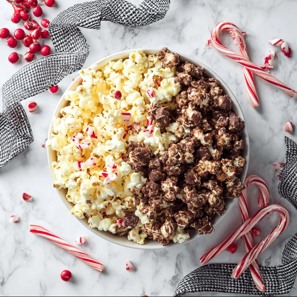 Delicious homemade Peppermint Popcorn topped with crushed candy canes.