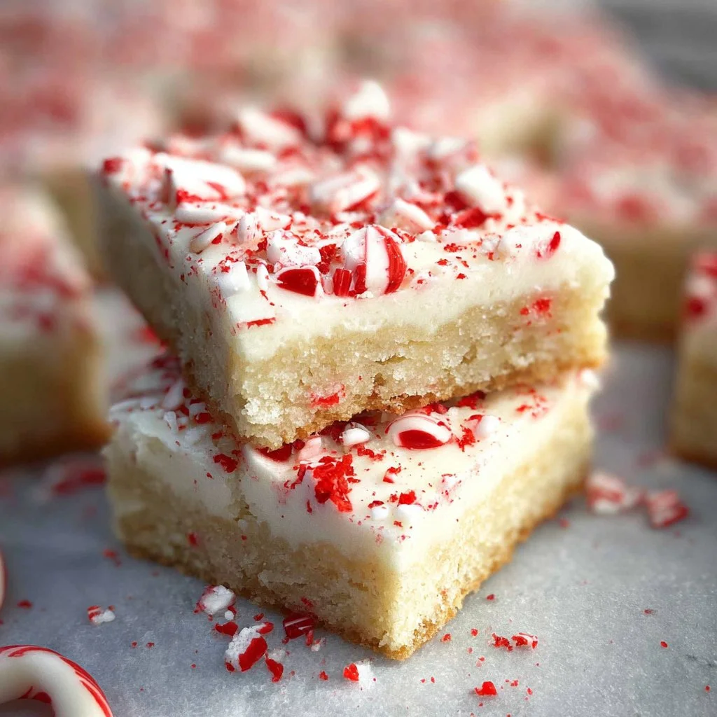 Peppermint sugar cookie bars topped with crushed candy canes and festive sprinkles