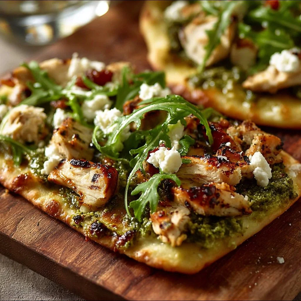 Pesto chicken flatbread topped with fresh basil and tomatoes