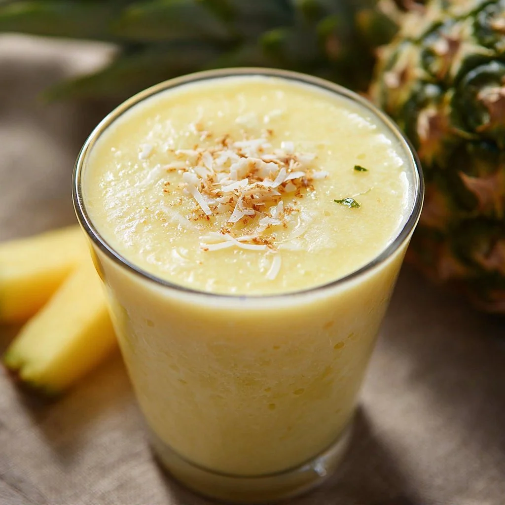 Delicious homemade Pineapple Coconut Smoothie in a glass with fresh fruit
