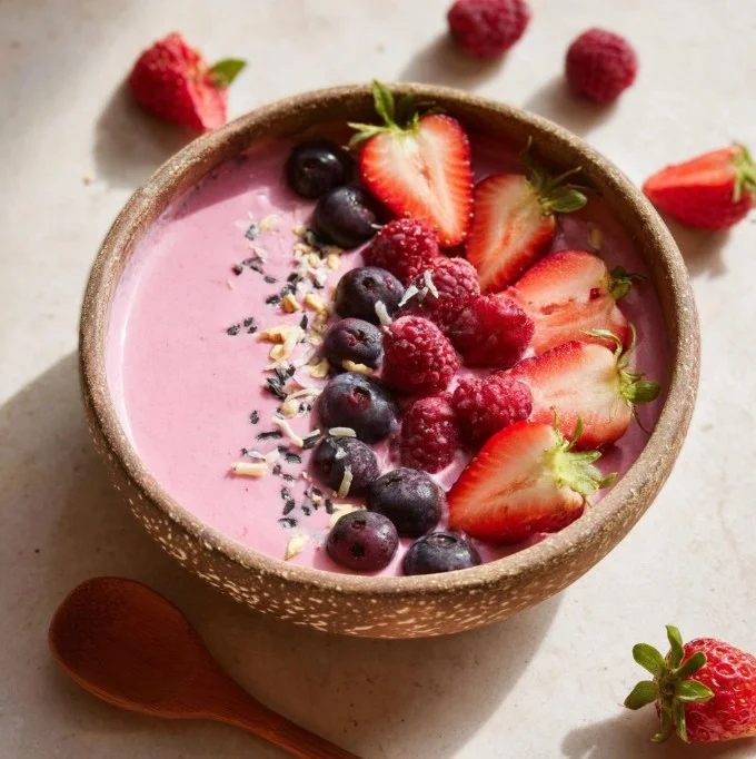Delicious pink smoothie bowl topped with fruits and granola.