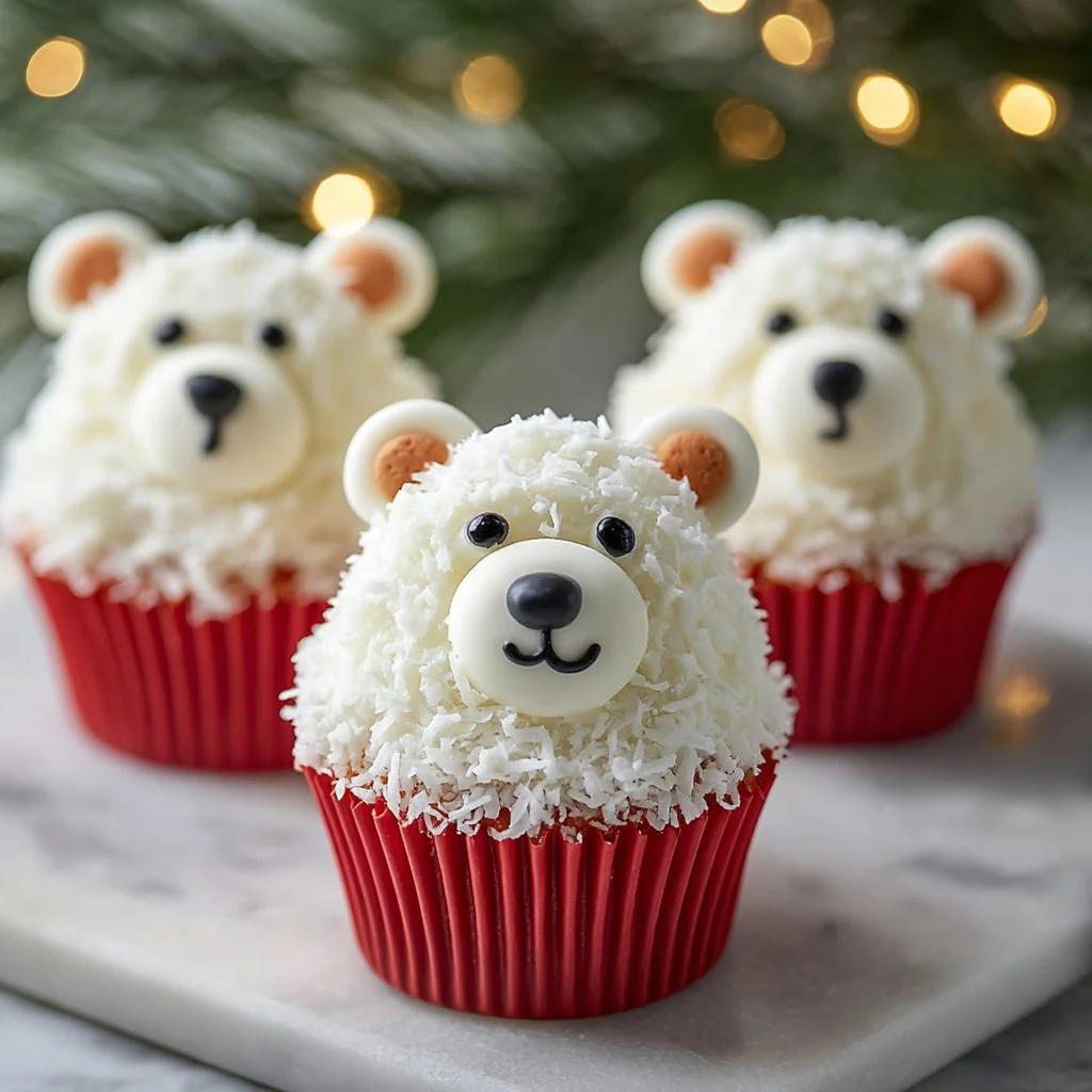 Festive Polar Bear Christmas Cupcakes decorated with frosting and chocolate