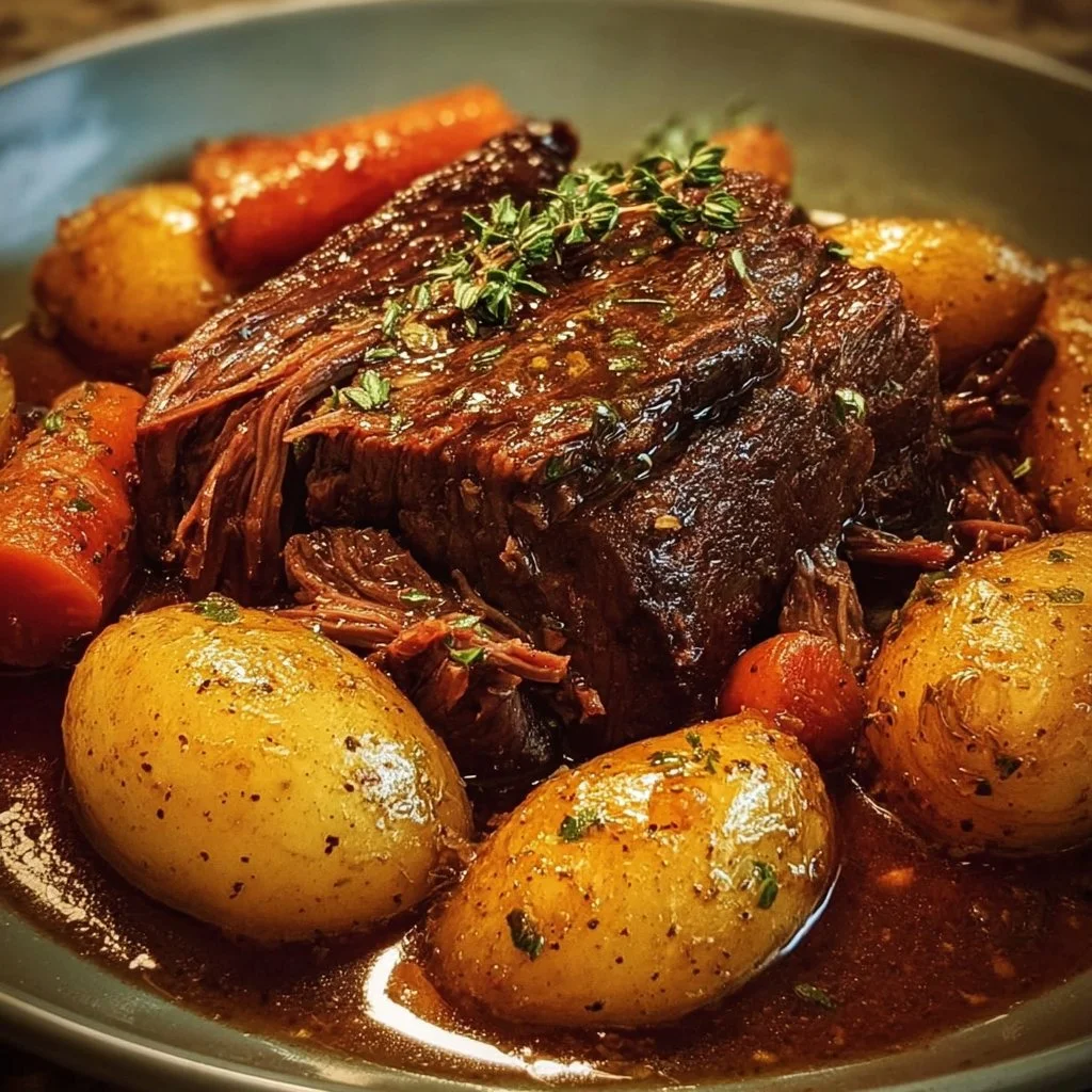 Delicious pot roast cooked in a crock pot with vegetables and herbs.