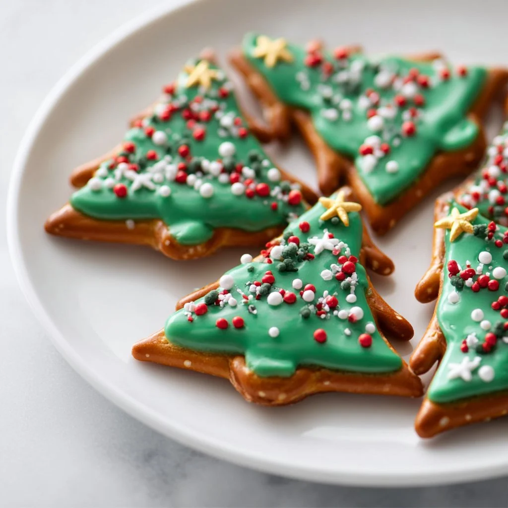 Pretzel and candy melt Christmas trees decorated for the holiday season
