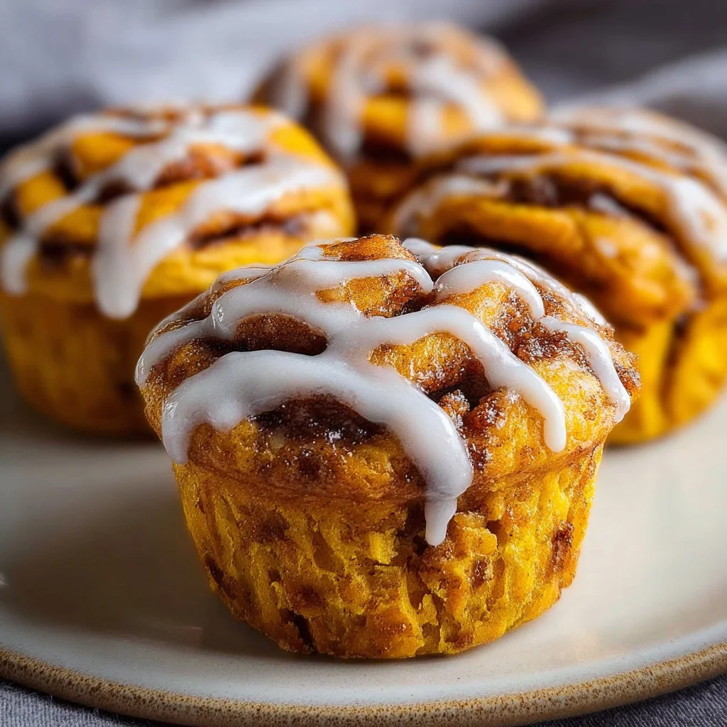 Freshly baked Pumpkin Cinnamon Roll Muffins with a swirl of cinnamon and pumpkin spice.