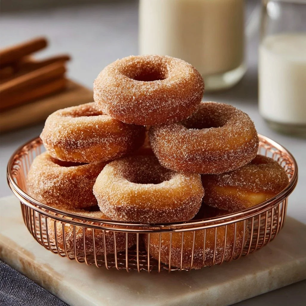 Freshly made pumpkin donuts with a cinnamon sugar coating