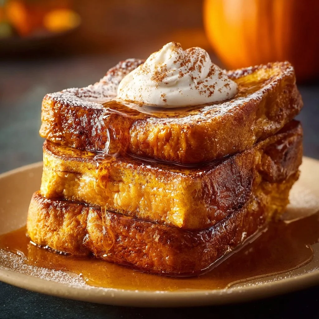 Delicious Pumpkin French Toast served with maple syrup and whipped cream