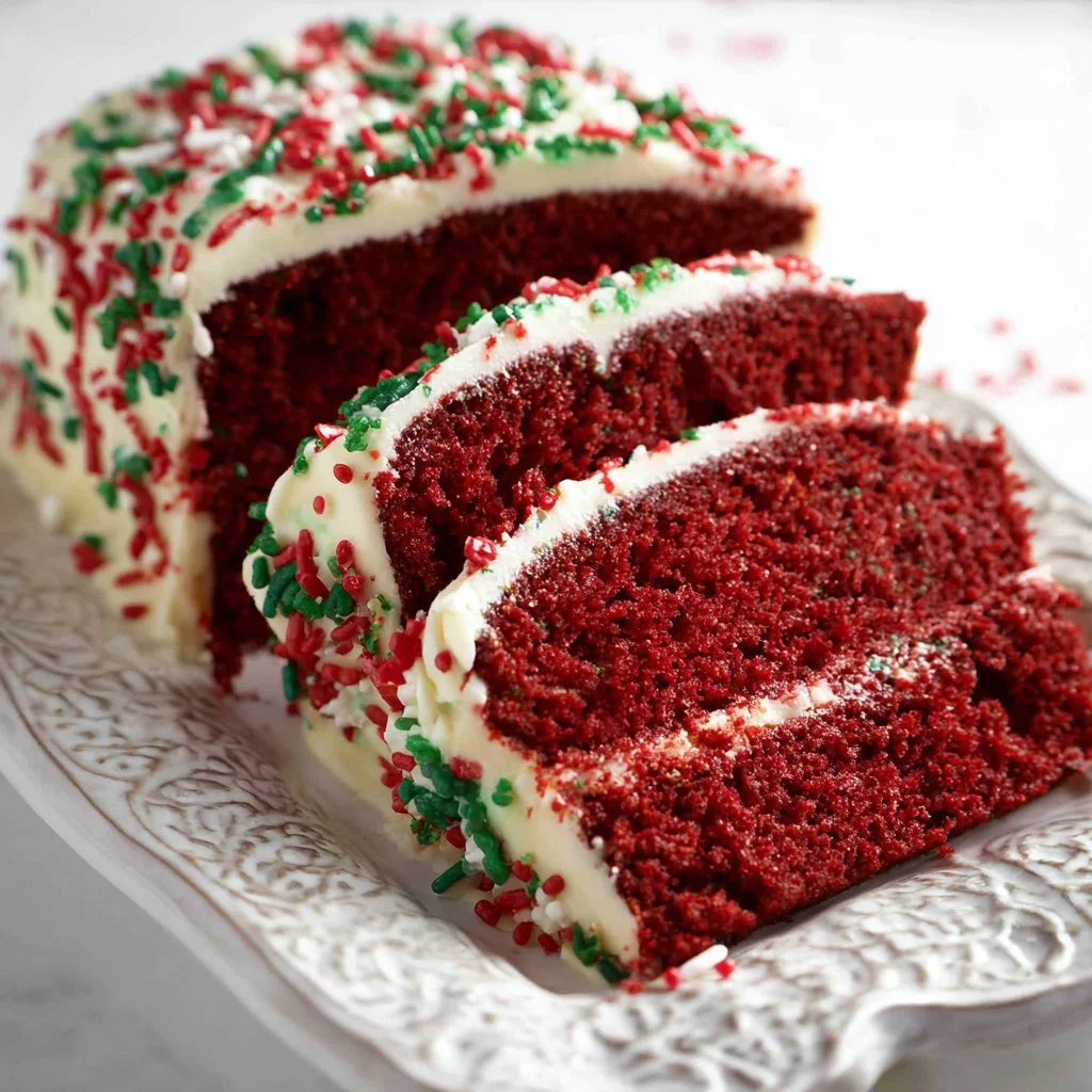 Slice of Red Velvet Banana Bread with cream cheese icing on a wooden board