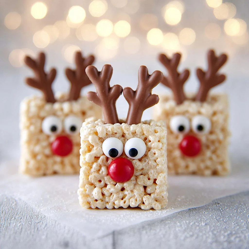 Festive Reindeer Rice Krispies treats decorated for Christmas