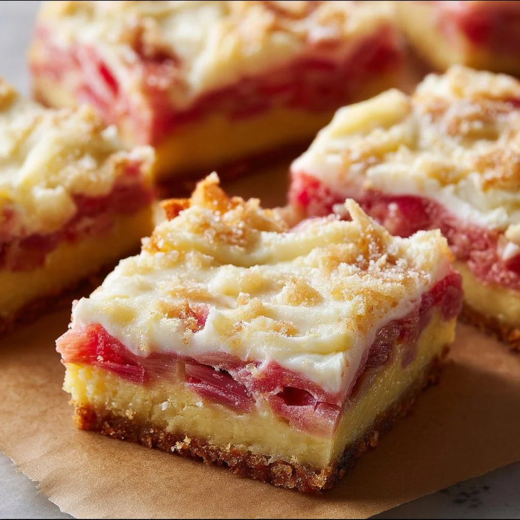 Delicious rhubarb custard bars served on a white plate with fresh rhubarb