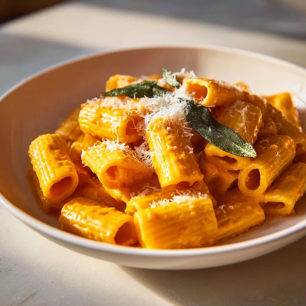 Delicious roasted butternut squash pasta with sage served in a bowl