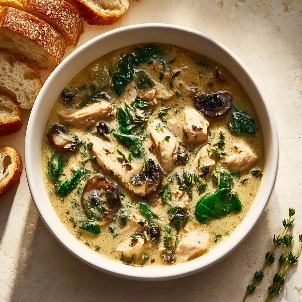 Bowl of delicious Rotisserie Chicken and Mushroom Soup garnished with herbs.